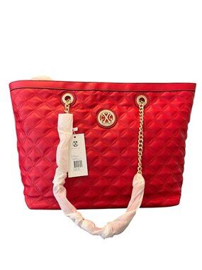 Christian Lacroix Large Red Vogue Quilted Soft Tote Bag Gold Chain Handles $108